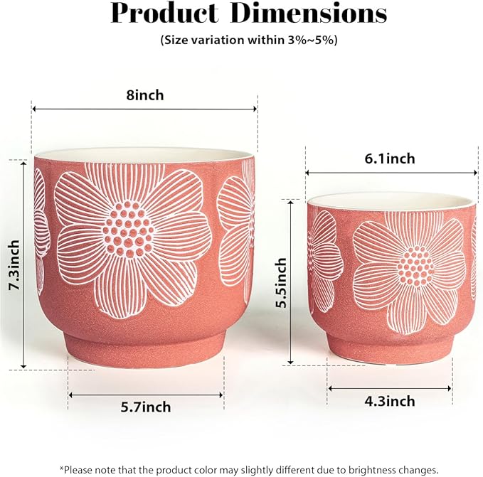 YBX 8 Inch + 6 Inch White Flower Pattern Plant Pots, Sand Glazed Ceramic Planter - Image 5