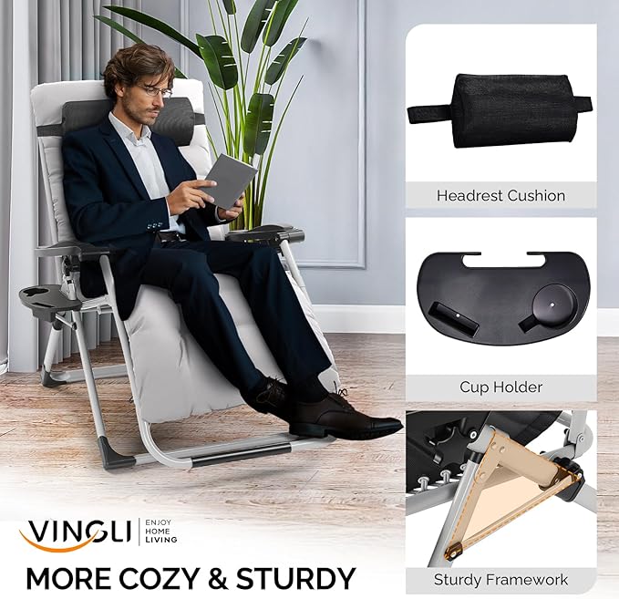 VINGLI 29" Padded Zero Gravity Chair, Lounge Chair - Image 4