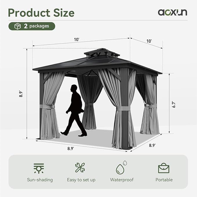 Aoxun 10'x10' Hardtop Gazebo, Outdoor Polycarbonate Double Top Canopy, Aluminum - Image 4