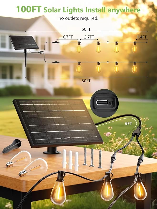 luckystyle 100FT Solar String Lights Outdoor Waterproof 2200K - Image 5