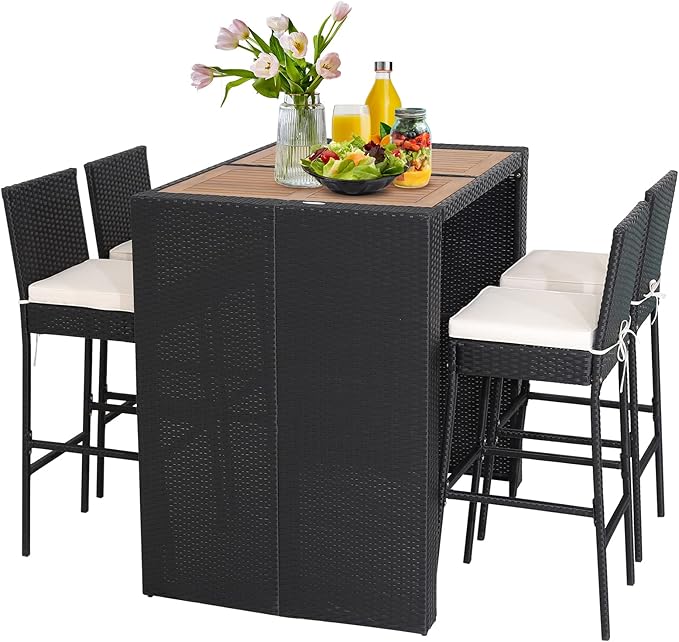 Tangkula 5 Piece Patio Wicker Bar Set, Patiojoy Outdoor Acacia Wood Bar Height by TANGKULA