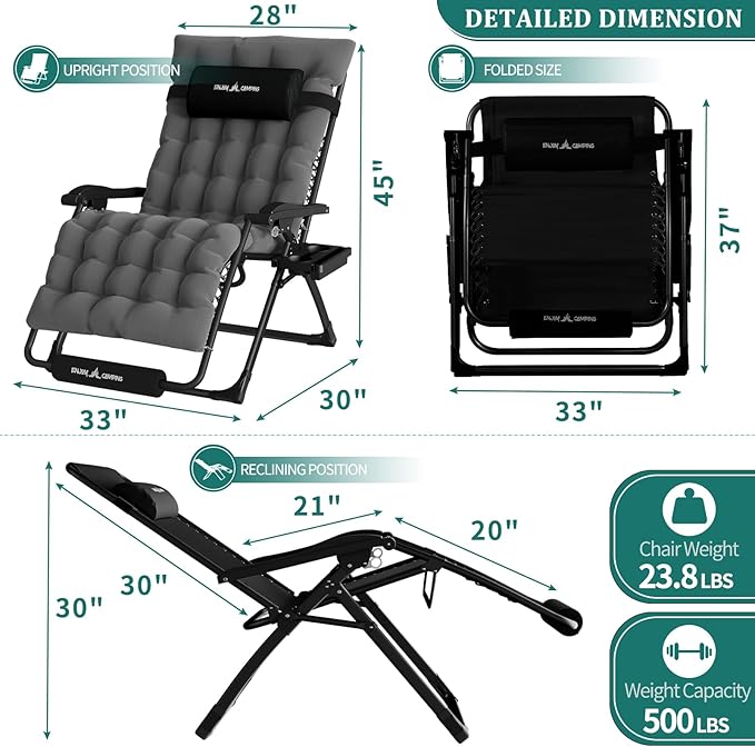 UDPATIO Oversized Zero Gravity Chair, 33In XXL Patio Reclining Chair - Image 3