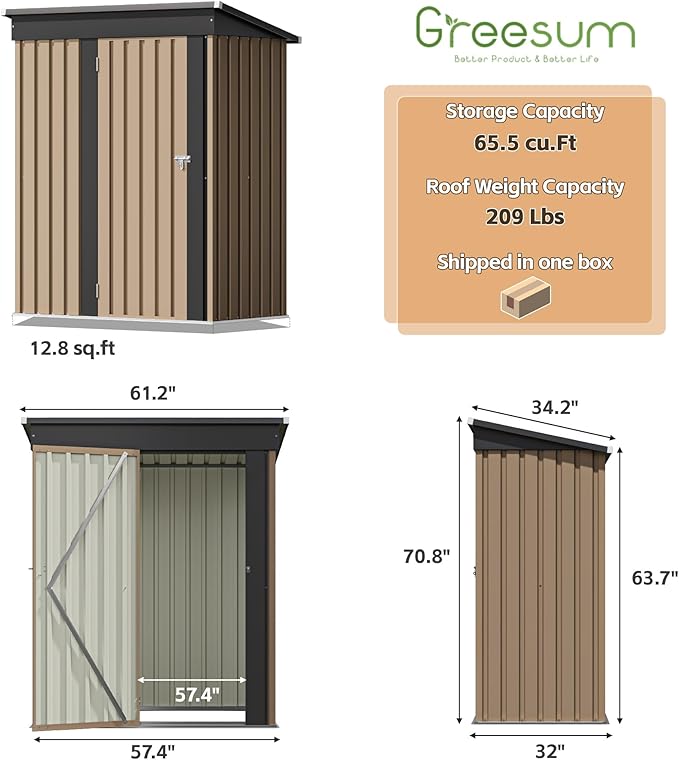 Greesum 5×3FT Outdoor Storage Shed, Metal Patio Storaged Sheds - Image 2