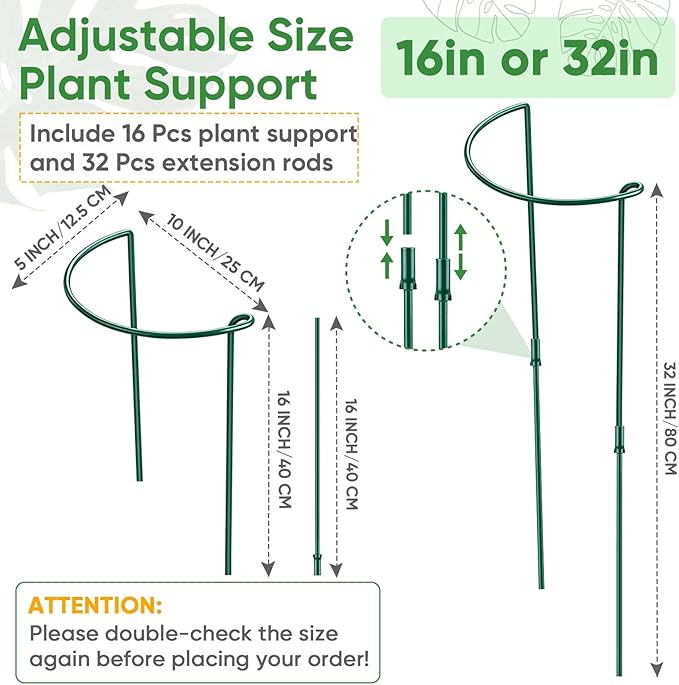 16 Pack 32 or 16 inch Adjustable Plant Support Stakes, Heavy-Duty Half Round - Image 2
