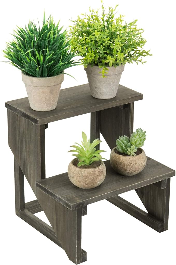 MyGift 2 Tier Rustic Dark Gray Wood Desktop Plant Rack, Farmhouse Style Planter - Image 3