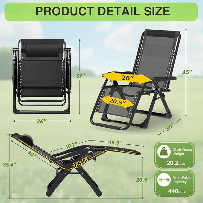 Suteck Zero Gravity Chair Set of 2, Reclining Camping Lounge Chair w/Removable - Image 2