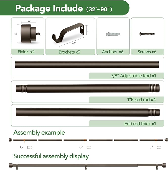 Curtain Rods for Windows 48 to 84, 1 Inch Adjustable Heavy Duty Long Window - Image 6