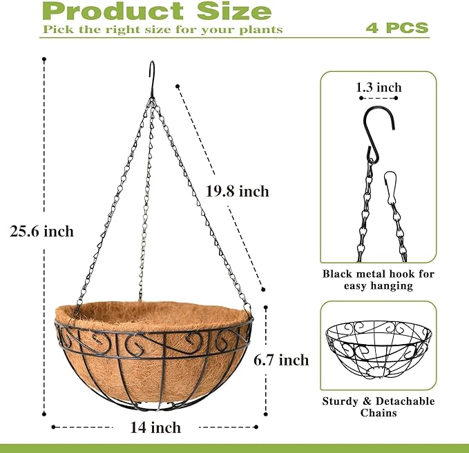 4 Pack 14 Inch Hanging Baskets for Plants Outdoor Metal Hanging Planter Hanging - Image 4