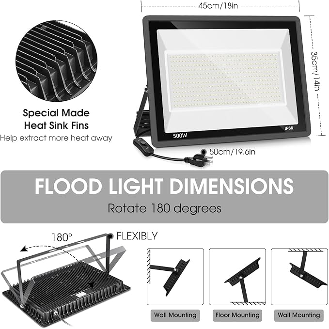 2 Pack 500W LED Flood Light Outdoor, 2750W Equivalent Super Bright FloodLight - Image 5
