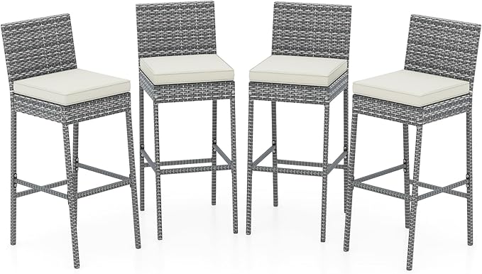 HAPPYGRILL Patio Wicker Barstools Set of 4, Outdoor Bar Height Chair w/Soft by HAPPYGRILL