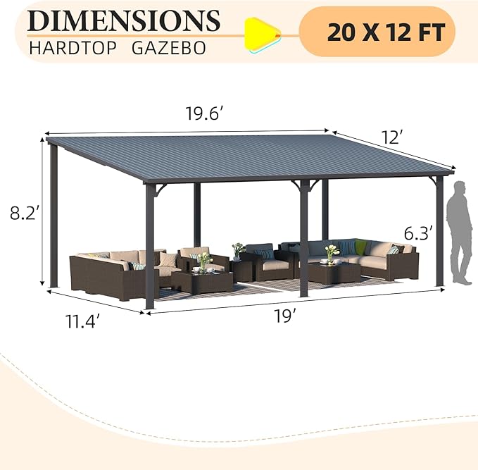AECOJOY 20' x 12' Outdoor Gazebo Hardtop Pergola - Image 7