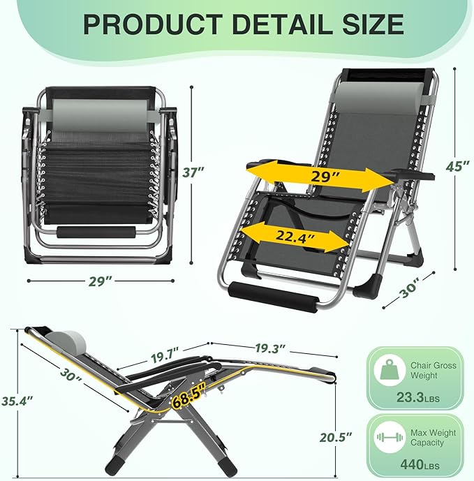 Suteck Oversized Zero Gravity Chair, 29In XL Lounge Chair w/Removable - Image 3