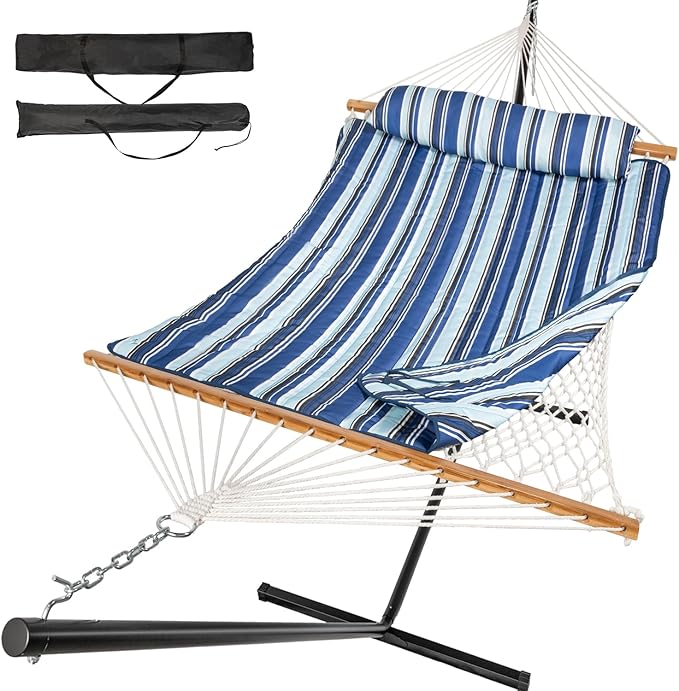 2 Person Outdoor Hammock with Stand, Cotton Rope Hammock with Polyester Pad by Unknown