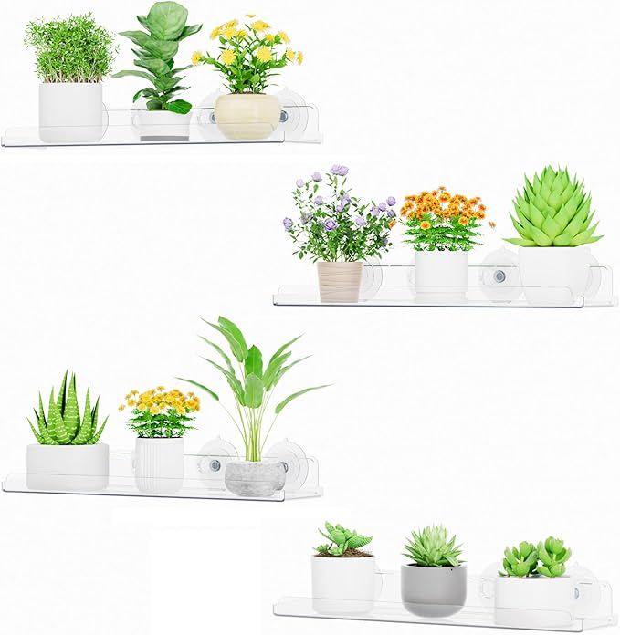 Lifewit Window Plant Floating Shelves 14.6x3.6, 4 Pack Acrylic Suction Cup Shelf by Lifewit