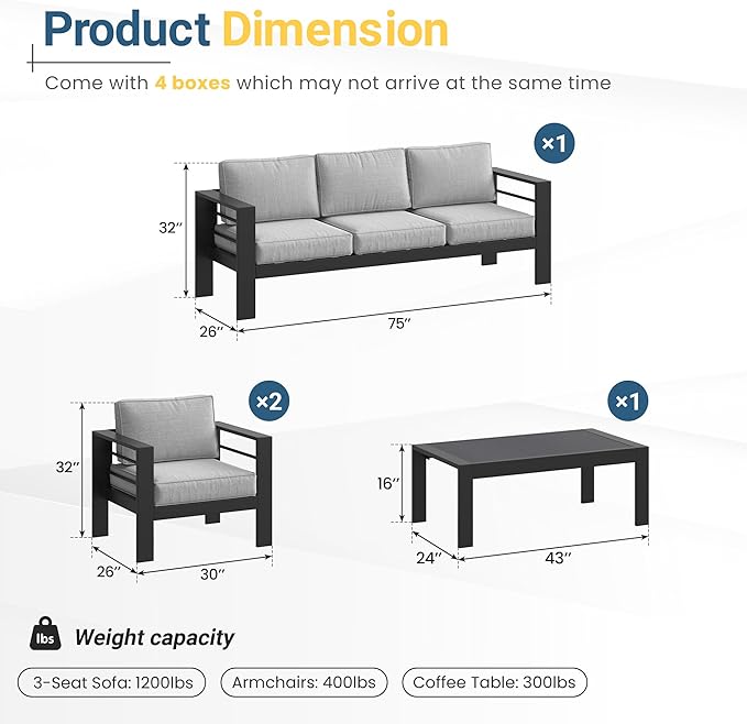 Solaste Aluminum Outdoor Patio Furniture Set, 5 Seats Patio Sectional Sofa - Image 2
