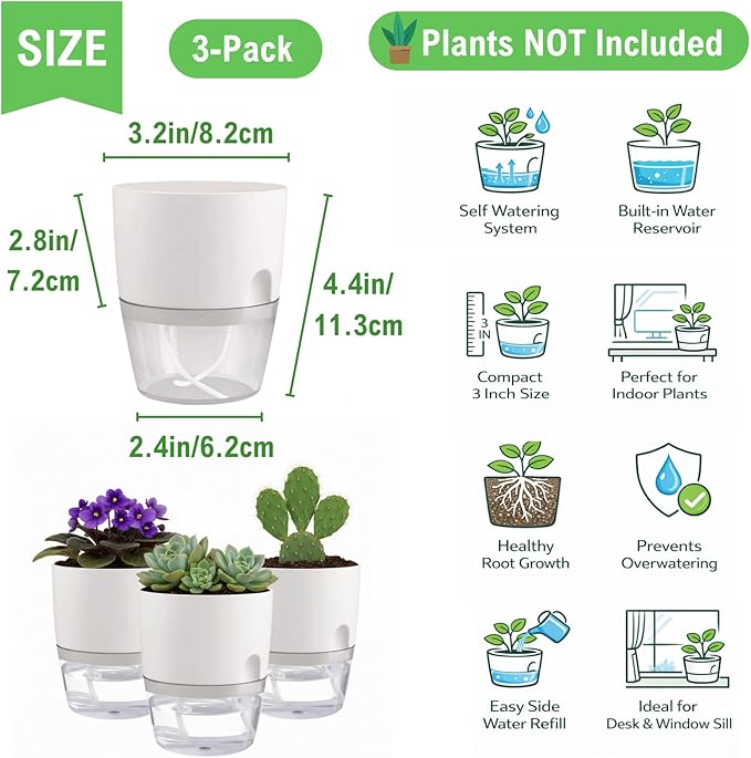 3.2 Inch Self Watering Planters Plastic Planter Pots 3 Pack Wicking Flower Pots - Image 2