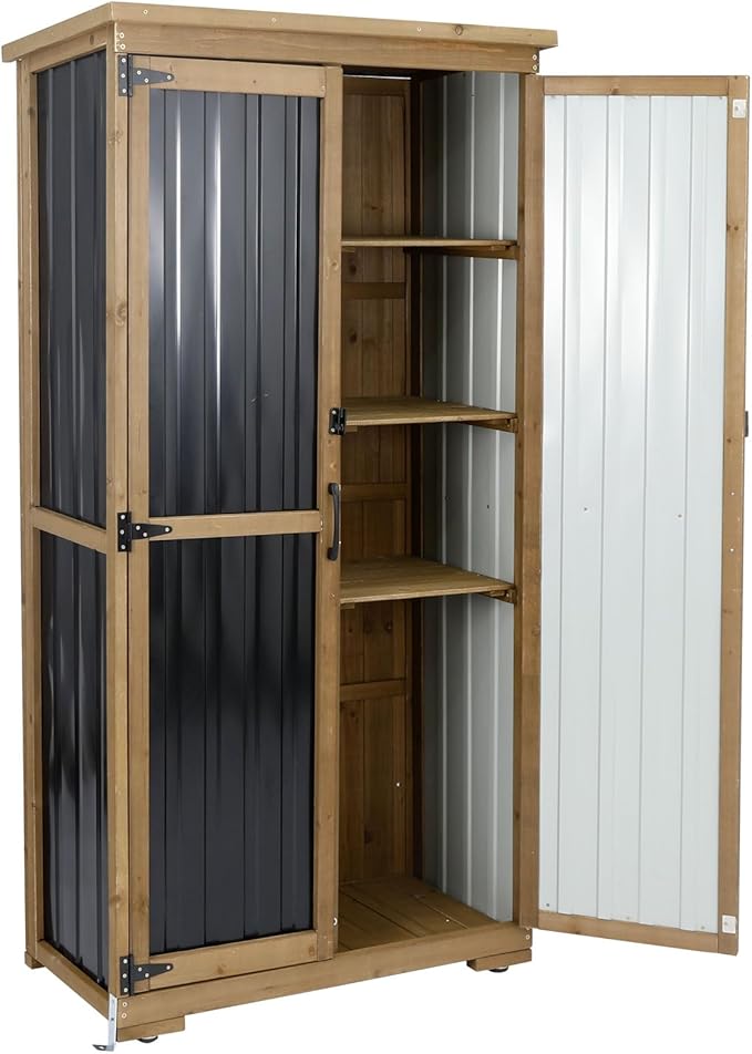 Outdoor Storage Cabinet with Shelf, Wood & Metal Storage Shed with Waterproof - Image 7