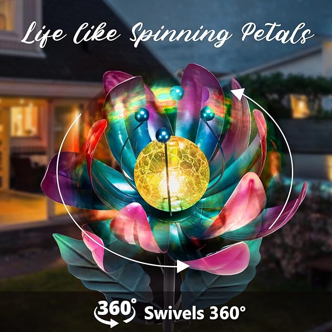 Solar Purple Metal Flower Wind Spinners, Colorful Spinning Windmill Lotus Yard - Image 3