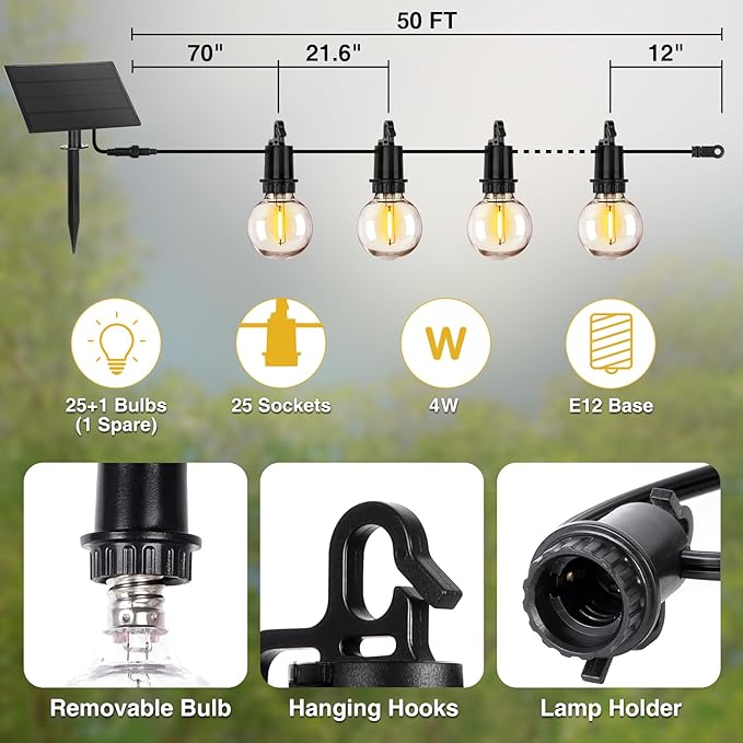 ZJOJO Solar Outdoor String Lights Waterproof, 50FT G40 Globe Patio Lights - Image 2