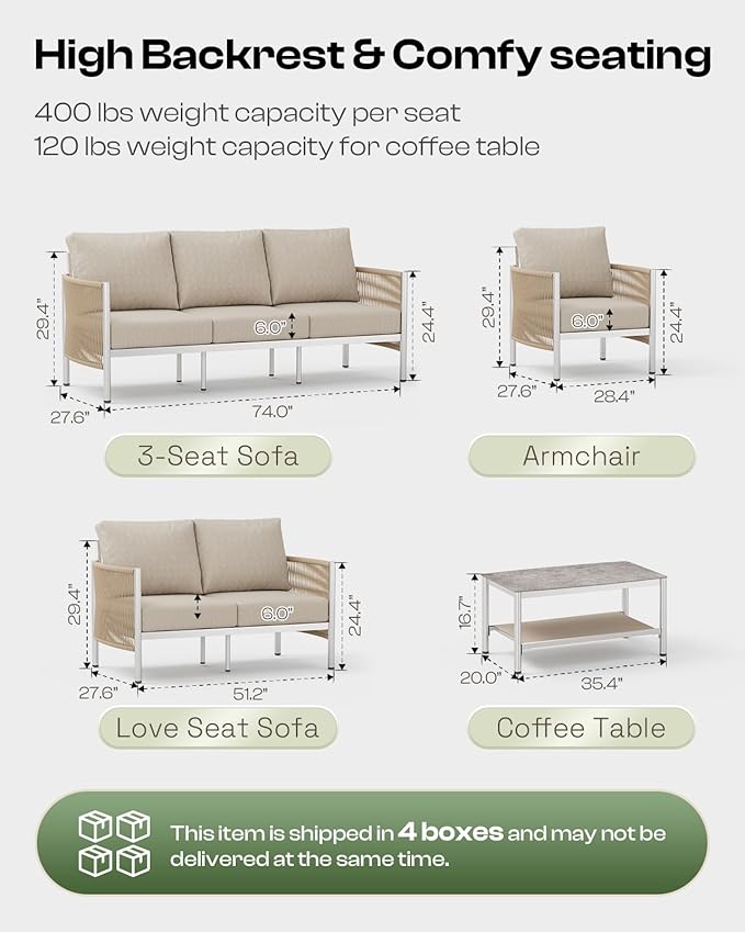 Aluminum Outdoor Sofa Armchair, HDPE Rope Patio Couch - Image 2
