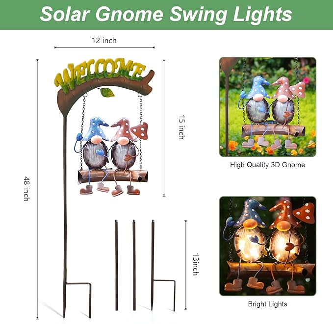 HONGLAND Gnomes Garden Decor Solar Lights, 48 Inch Welcome Sign Swing Yard - Image 4
