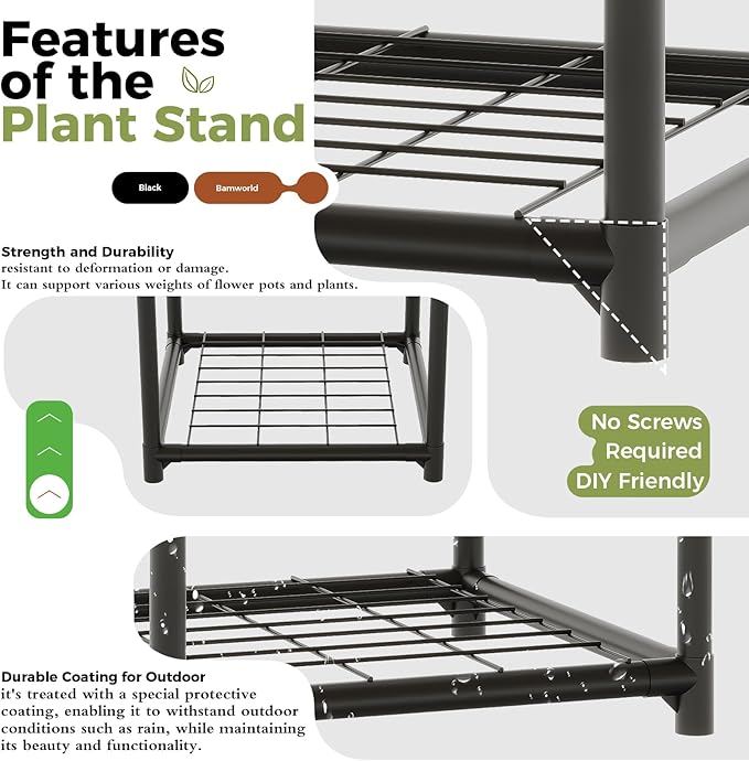 Bamworld Black Plant Stand Outdoor Metal Plant Shelf - Image 3