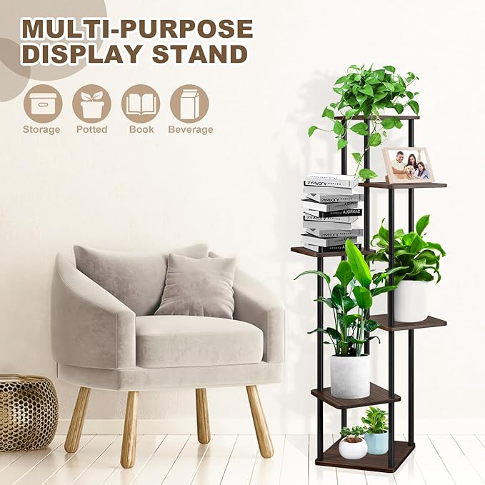 6 Tier Wood Tall Plant Stand Metal Rack Indoor, Planter Shelf Display Rack - Image 3