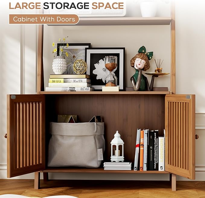 Bookcase with Drawers, 4-Tier Bamboo Bookshelf Ladder Shelf with 6 Hooks - Image 6