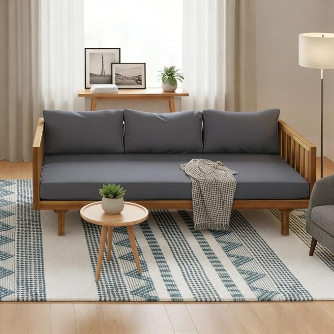 Merax Solid Acacia Wood Couch Chaise Lounge Chair Indoor, 3 Seater Daybed Sofa - Image 3