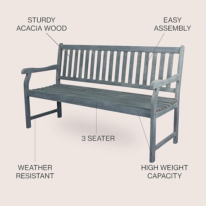 JONATHAN Y BNH101B Laurel 59.1" 3-Seat Slat-Back 600-Lbs Support Acacia Wood - Image 4