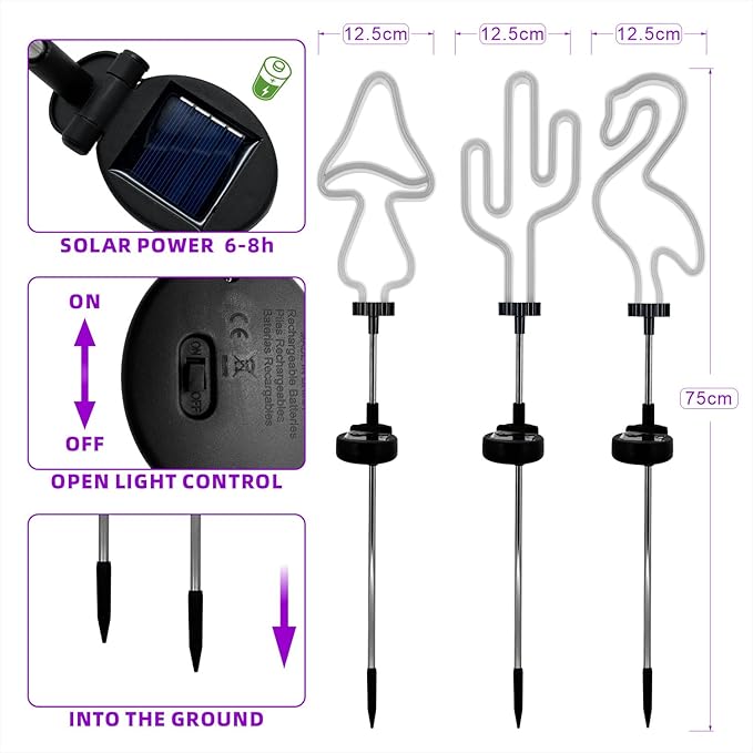 Flamingo Cactus and Mushroom Solar Garden Stake Lights Outdoor Waterproof Neon - Image 4