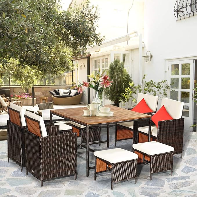 Tangkula 9 Pieces Patio Acacia Wood Table and Chairs Set - Image 3