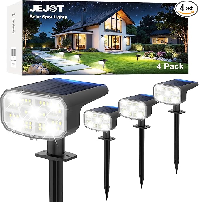 Solar Spot Lights Outdoor Waterproof IP65, 4 Pack, Cool Light, 2 Lighting Modes by JEJOT