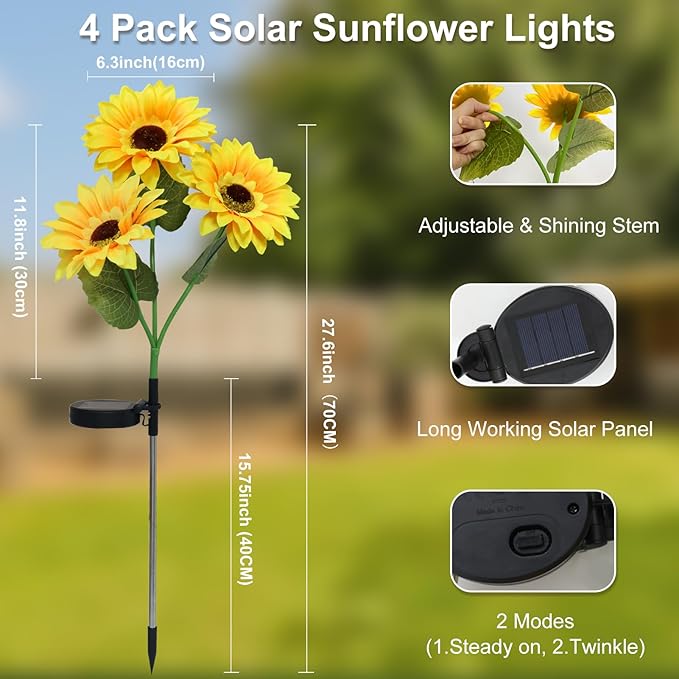 echosari 4 Pack Solar Lights Outdoor Waterproof, Sunflower Solar Stake Lights - Image 5