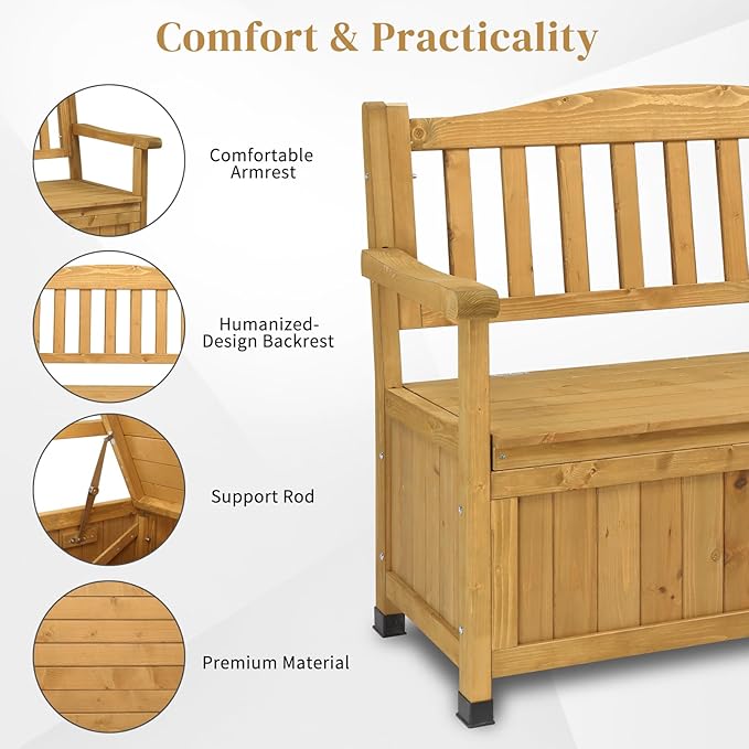 Outvita Outdoor Wood Storage Bench, Wooden Large Deck Box - Image 3