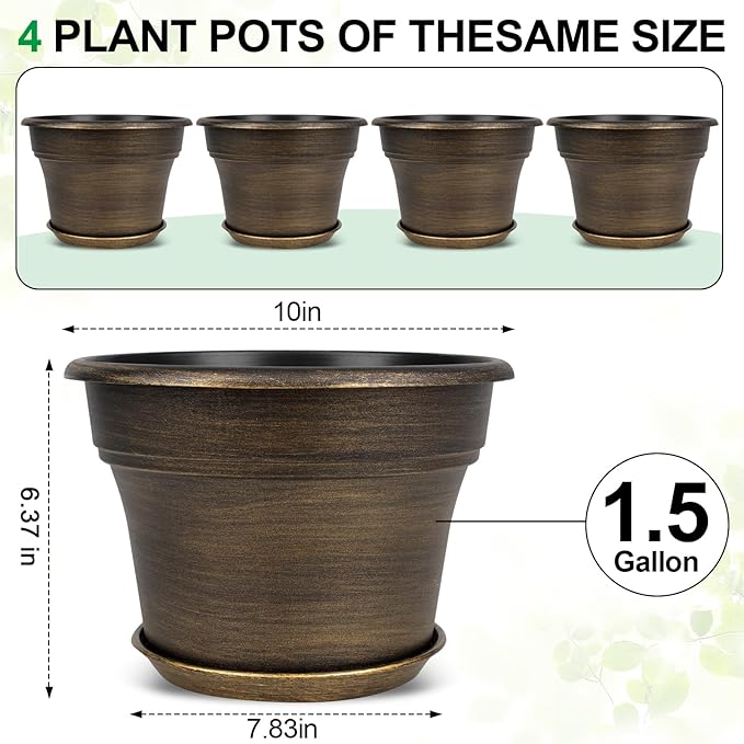 Plant Planters Pots Set of 4 Pack 10 Inch, Plastic Flower Pot - Image 3