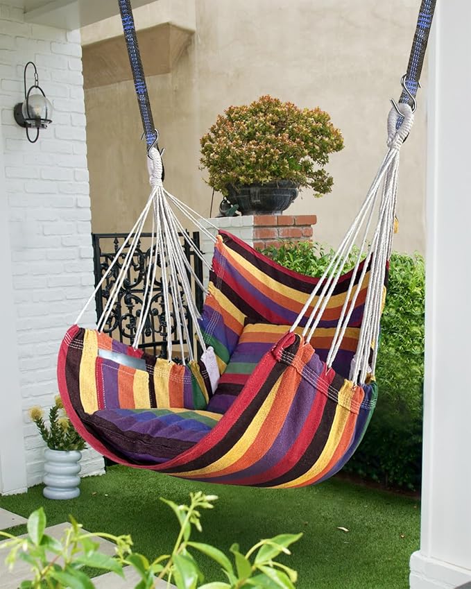 Halalona Hammock Chair Hanging Hammock Chair Rope Swing 2 Cushions - Image 2