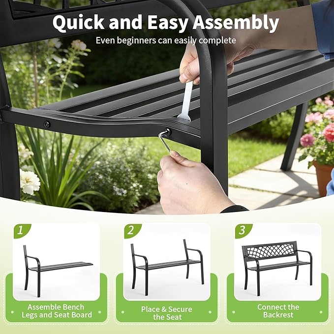 Garden Bench, Outdoor Benches, Iron Steel Frame Patio Bench - Image 6