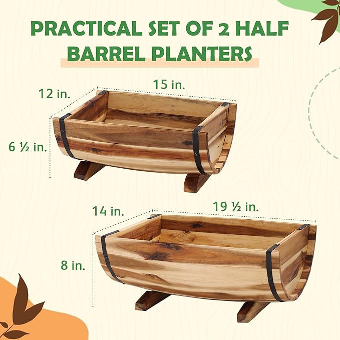 Solid Acacia Wood Half Barrel Planters Outdoor Set of 2 Different Sizes - Image 2