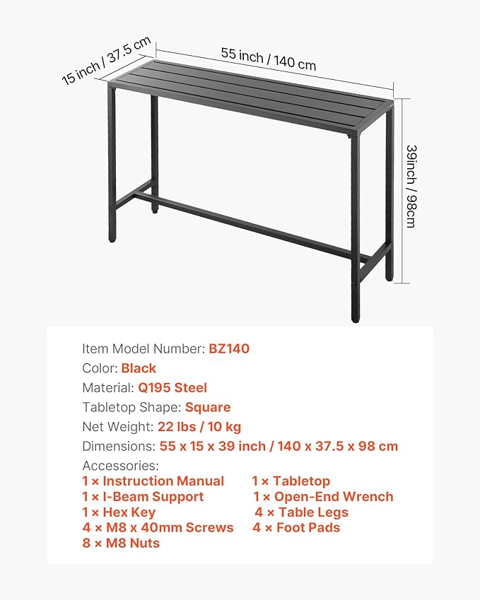 VEVOR Outdoor Bar Table, 55 x 15 in Patio Bar Table, Waterproof Top & Sturdy - Image 8