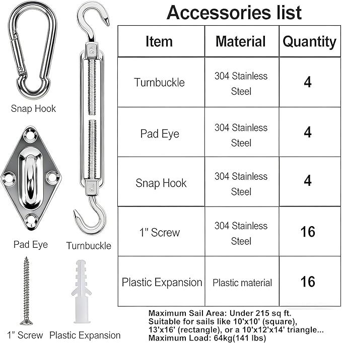 yofit 44 Pcs Shade Sail Hardware Kit, 6 Inch Outdoor Sun Sail Accessories - Image 2