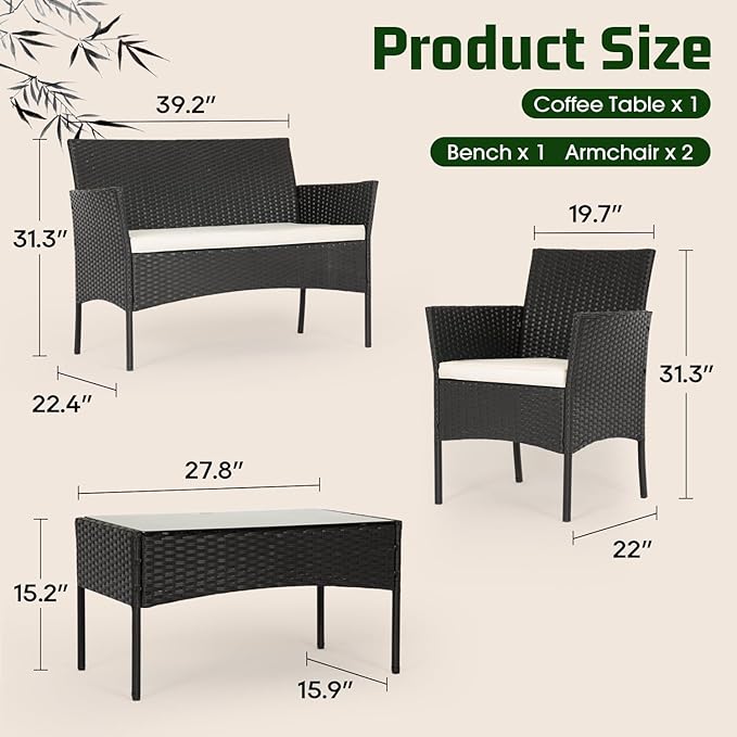 FDW | 4-Piece Patio Furniture Set | Black | Outdoor Wicker Furniture - Image 2