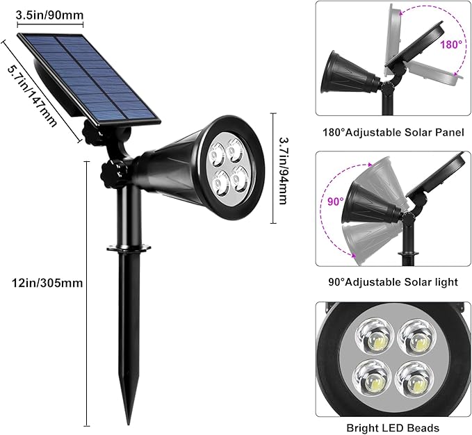 T-SUN Solar Spotlights, 4 LED Solar Waterproof Outdoor Landscape Lights - Image 4