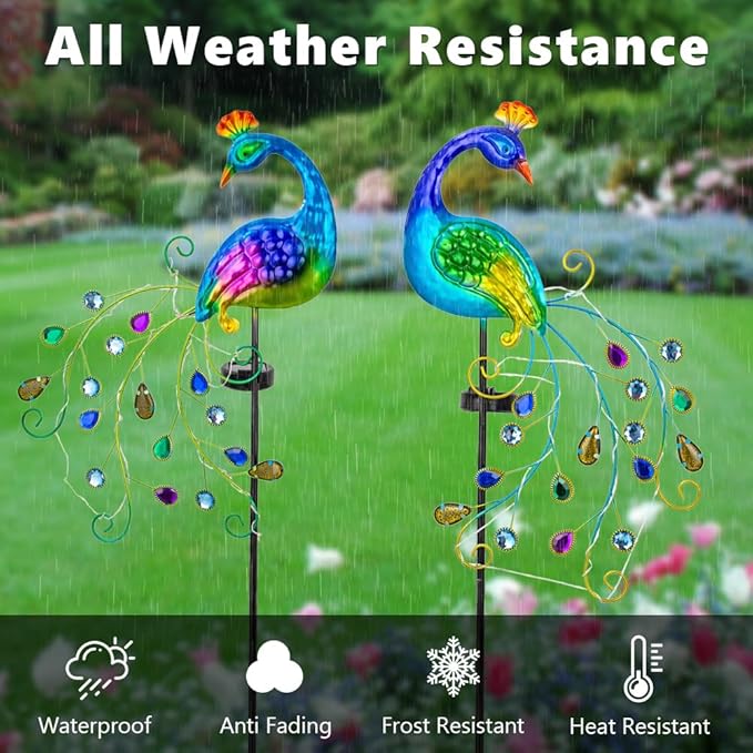 DREAMSOUL 2 Pack Peacock Solar Lights Outdoor, Waterproof Metal Peacock Outdoor - Image 6