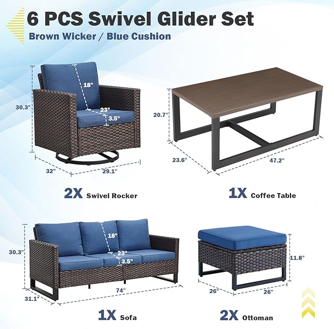 Belord 6 Piece Outdoor Furniture Patio Wicker Sofa Set, Oversize Outdoor Swivel - Image 2