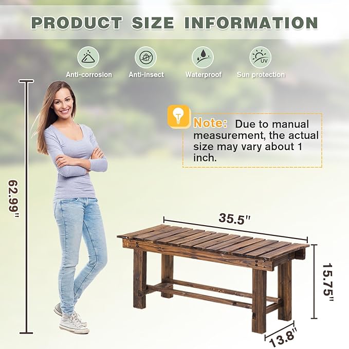 Outdoor Garden Bench, 2-Person Wood Patio Bench Weatherproof Outdoor Backless - Image 2