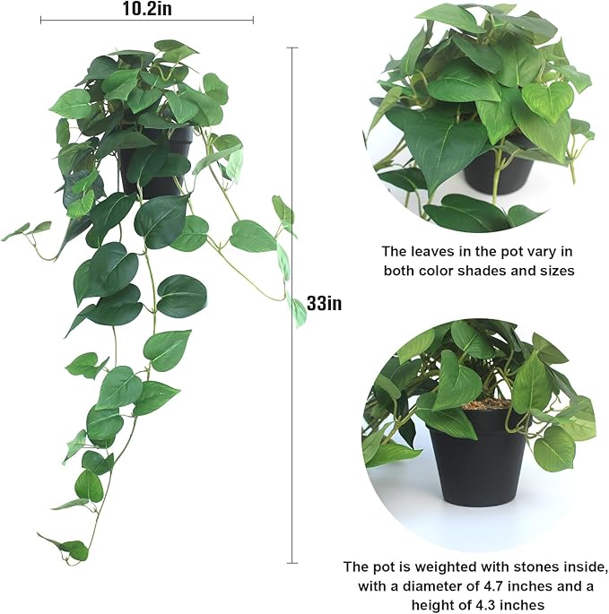 alyptus Fake Pothos Hanging Plants – 33" Set of 2 Faux Ivy Vines - Image 3