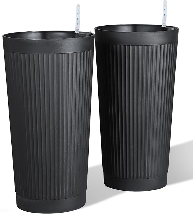 Self Watering Tall Black Planters Outdoor Set of 2, 24” Flower Pots Planters by PolarcoForgeco