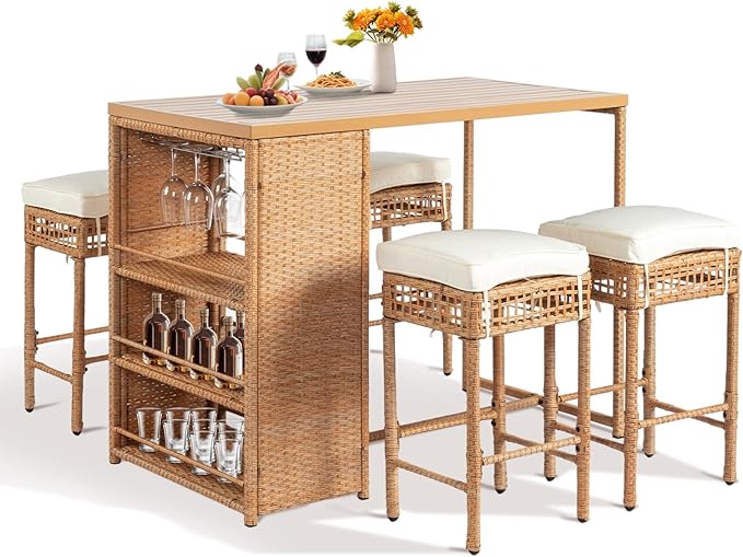 Outvita 5-Piece Outdoor Bar Set, Wicker Rattan Bar Height Patio Set w/4 Cushion by Outvita