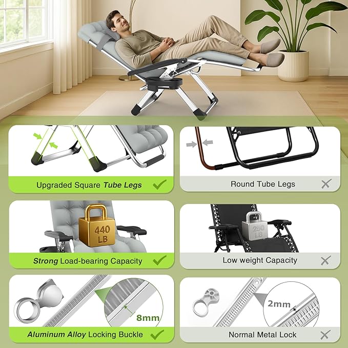 Suteck Zero Gravity Chair, Reclining Camping Lounge Chair w/Removable Cushion - Image 8